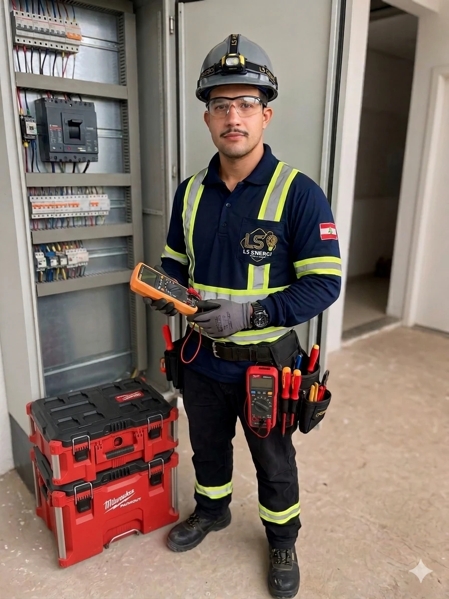Lucas de uniforme e capacete, com multímetro, ao lado de um quadro elétrico
